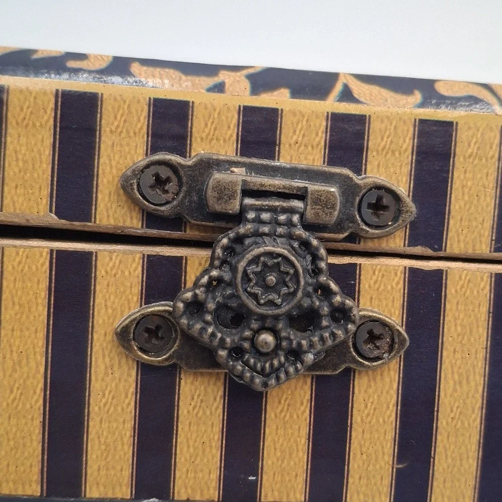 Vintage Small Wooden Jewelry Box Floral Rose Print Gold Foil Decoupage Latch